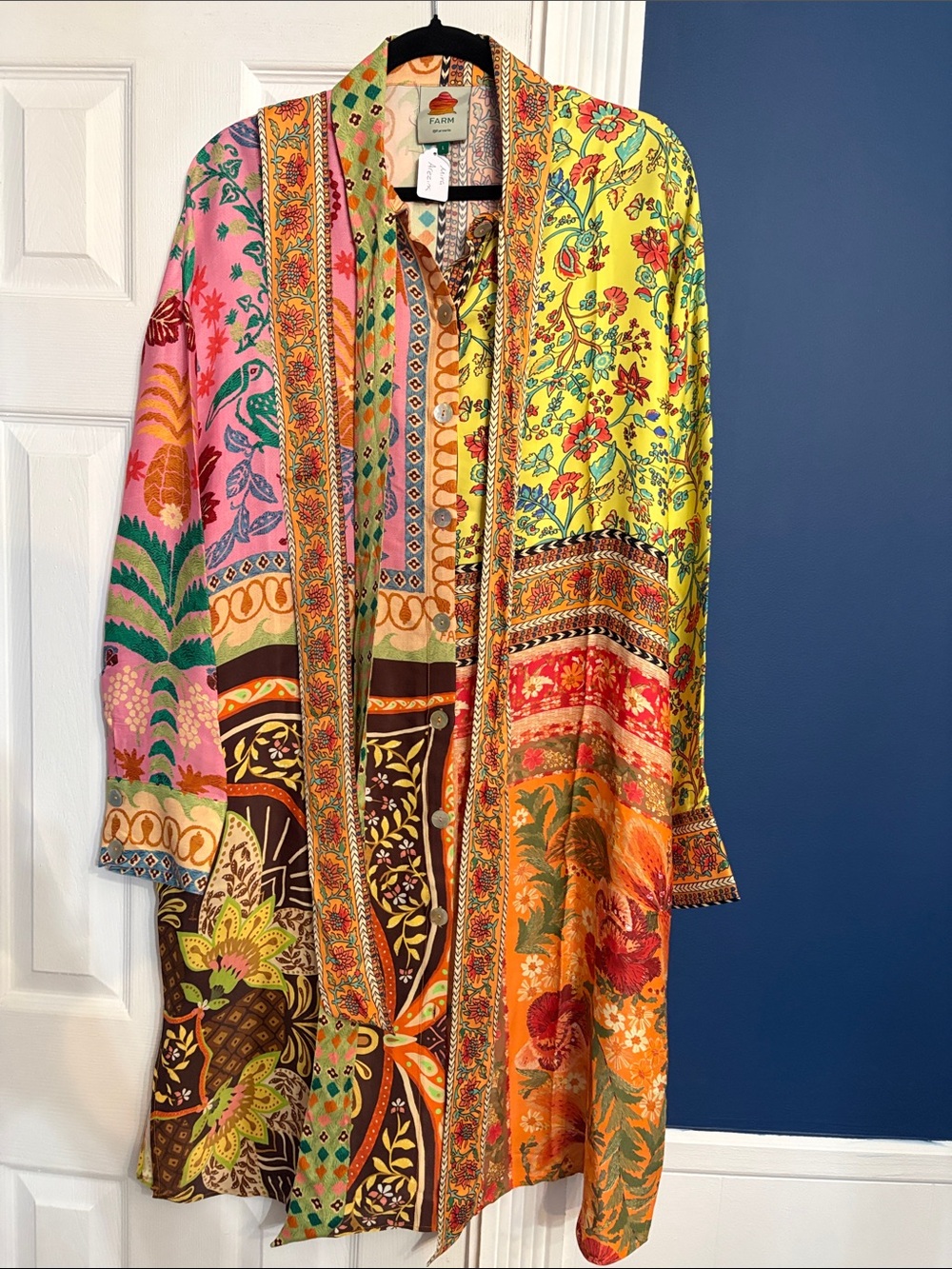 FARM Rio Vibrant Patchwork Tie-Neck Midi Dress/jacket. Beautiful piece oversized - Picture 4 of 4